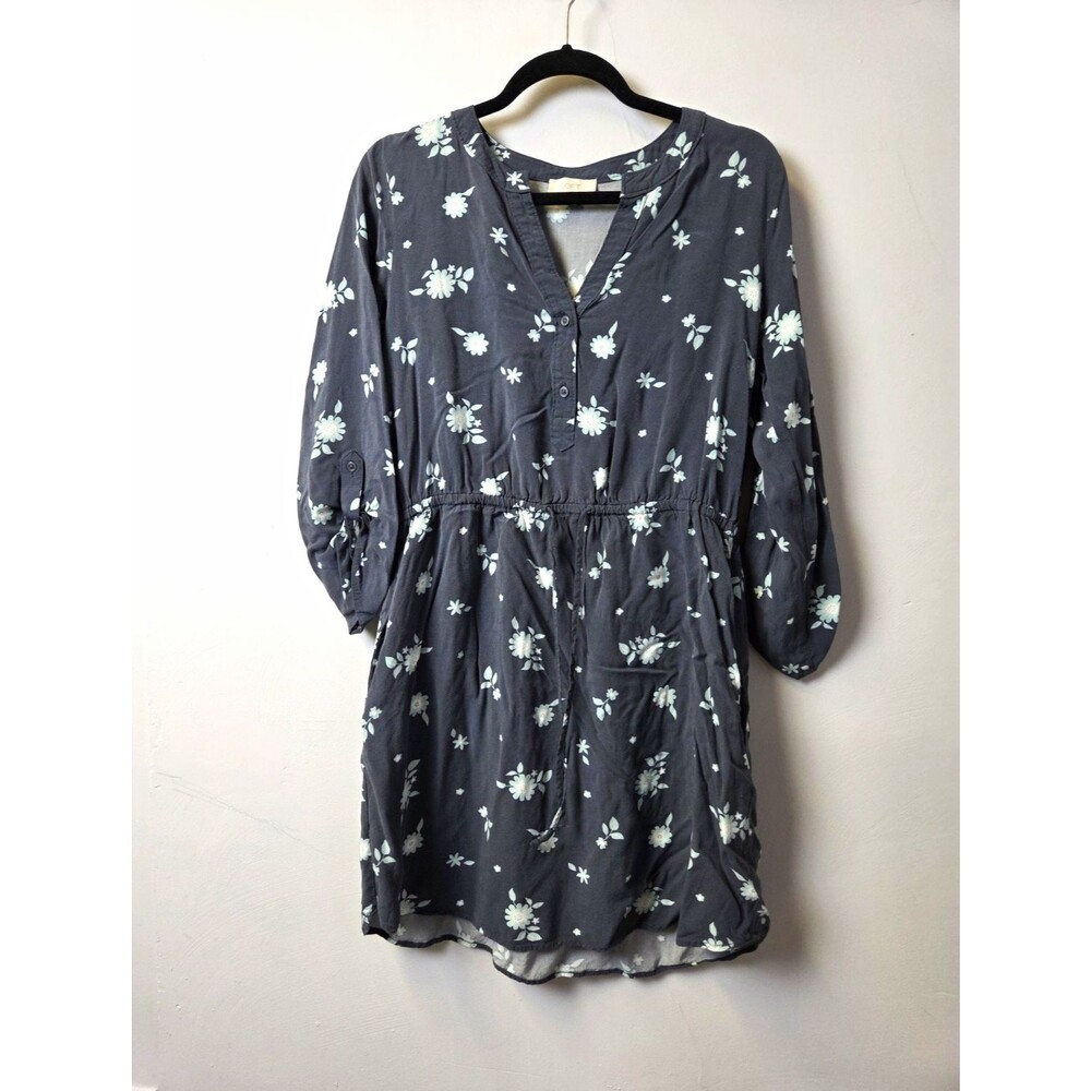 Loft Women's M Floral Woven Rayon Shift Dress V-Neck Roll Tab 3/4 Pockets